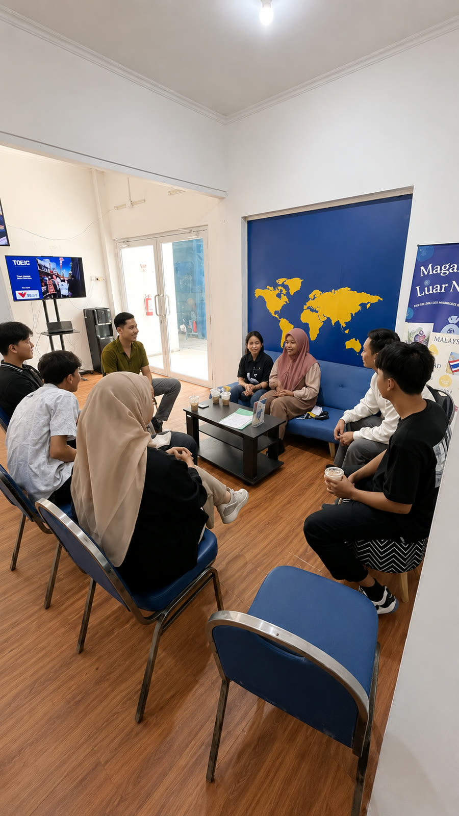 Suasana diskusi santai Open House TLC dengan peta dunia dan kopi di meja